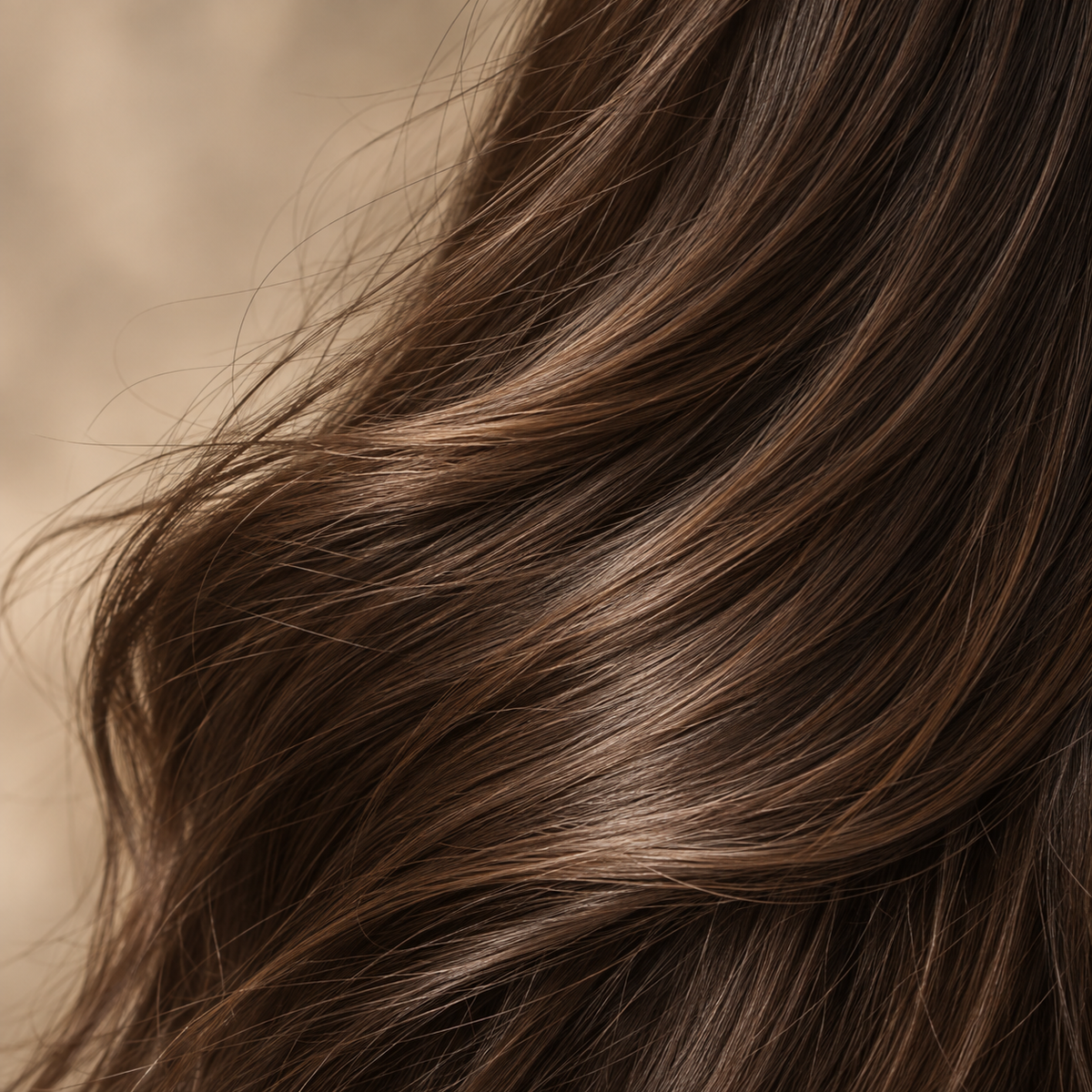 Cabello castaño liso y sin frizz en primer plano, acabado del Protector térmico Luxeny antifrizz para secador y plancha 120 ml