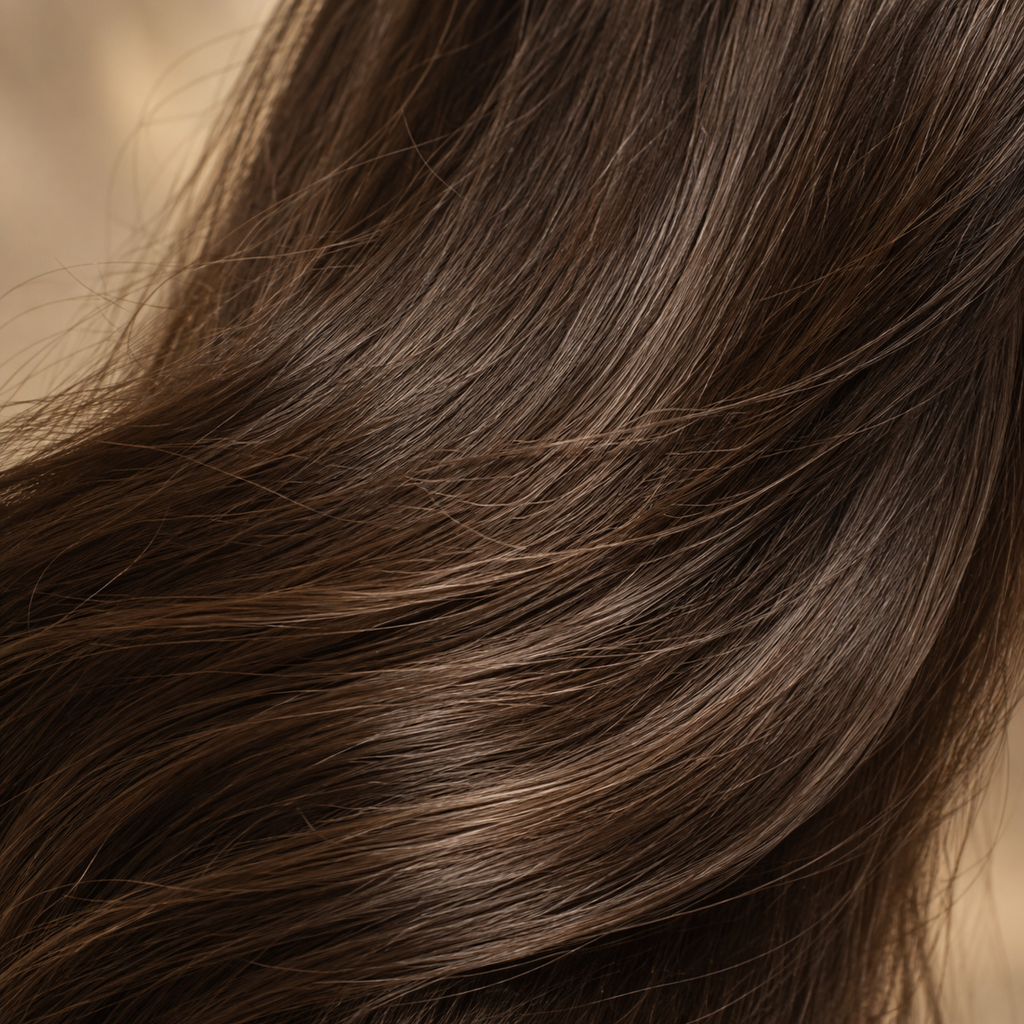 Cabello castaño liso y brillante en primer plano, acabado del Tratamiento capilar Luxeny Hidratox anti frizz con protección térmica 120 ml