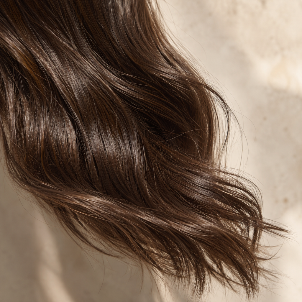 Cabello castaño ondulado y suave en primer plano, acabado del Aceite capilar Elizavecca CER-100 Hair Muscle Essence Oil 100 ml
