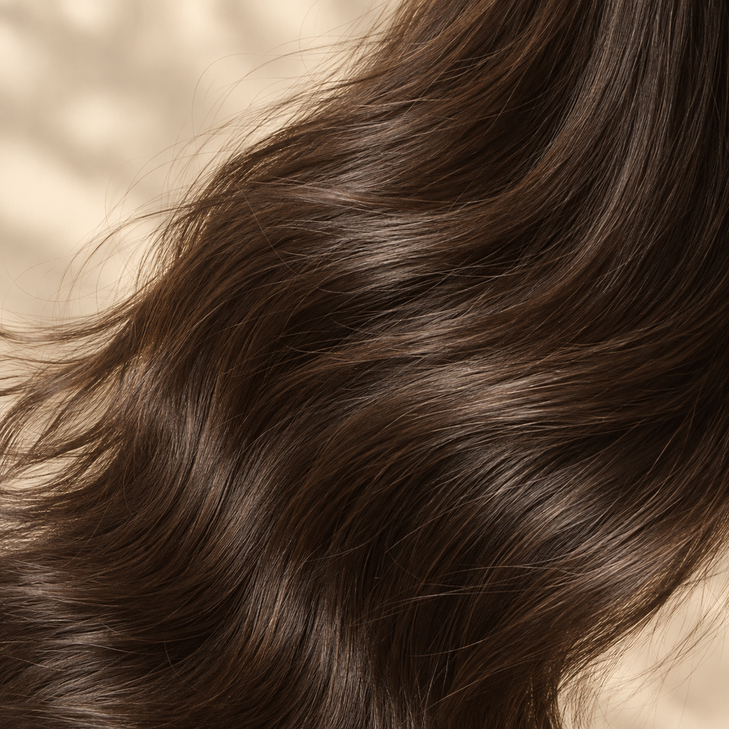 Cabello castaño suave en primer plano, acabado del Shampoo Elizavecca CER-100 con colágeno 500 ml
