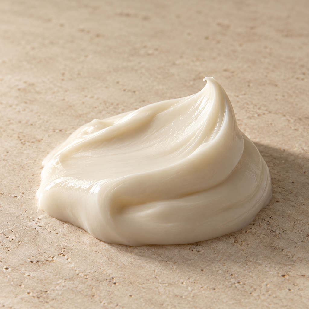Textura cremosa blanca de la mascarilla sobre una superficie de piedra clara
