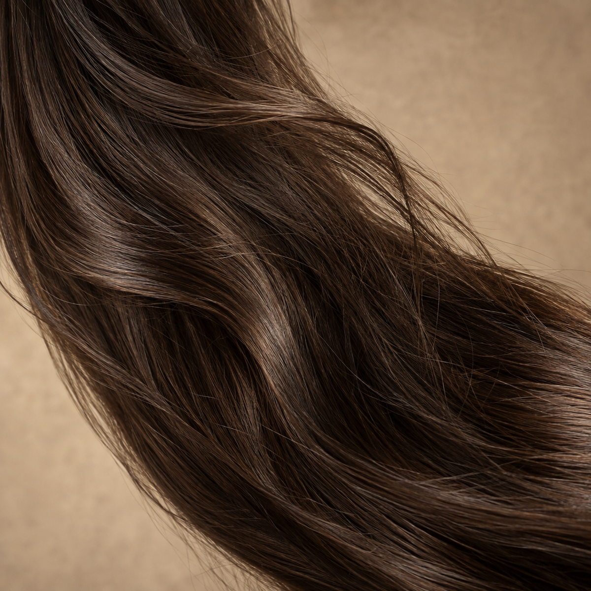 Cabello castaño suave y brillante en primer plano, acabado del Tratamiento capilar Elizavecca CER-100 con colágeno y ceramida 100 ml