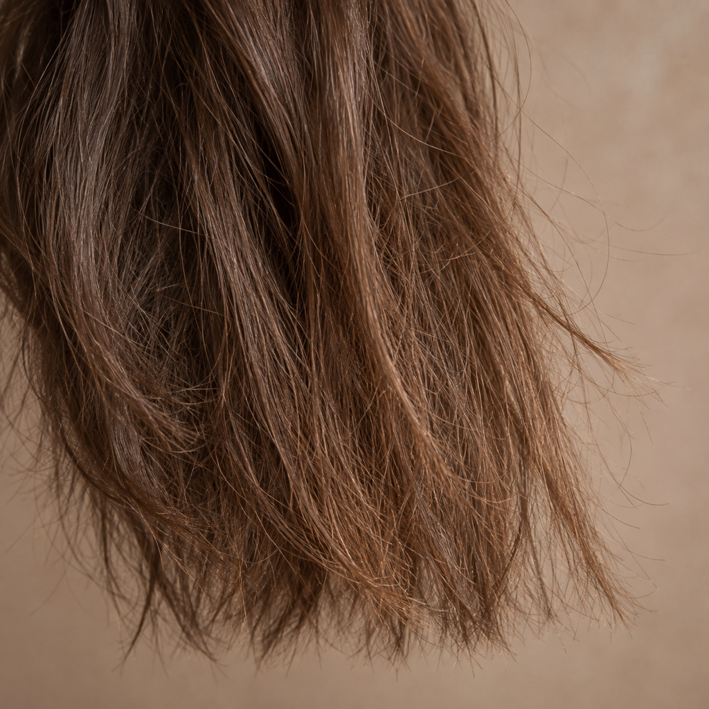 Cabello castaño ondulado en primer plano, acabado del Spray bifásico Luxeny 10 en 1 antifrizz y protector térmico 230 ml
