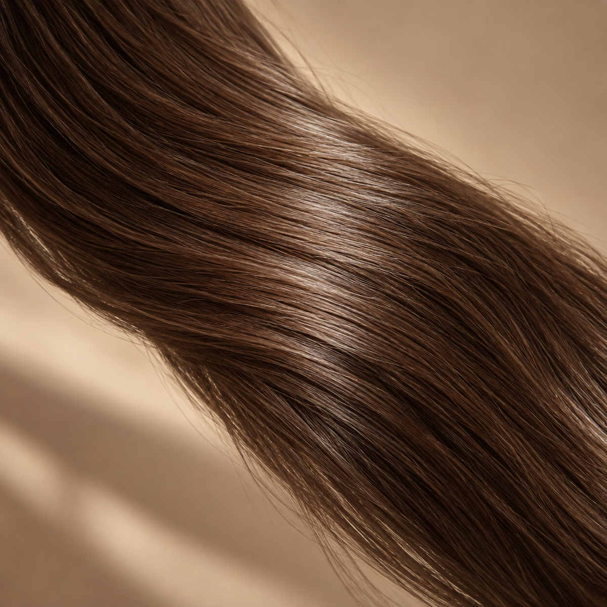 Cabello castaño liso y brillante en primer plano, acabado de la Bruma capilar Elizavecca CER-100 con colágeno 250 ml