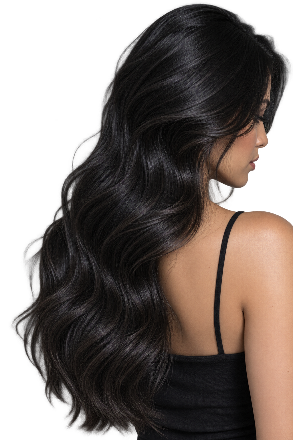 Mujer de cabello negro largo y ondulado, resultado del Shampoo NaturVital ColourSafe para cabellos negros 300 ml