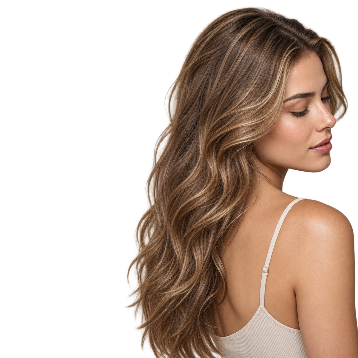 Mujer de cabello castaño claro largo y suave, resultado del Shampoo Bioherapy Aloe Vera orgánico para cabello seco 330 ml