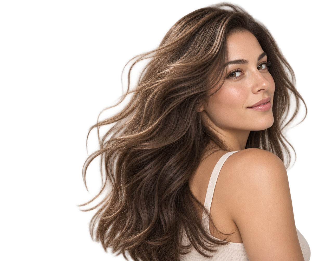 Mujer de cabello castaño largo y fresco, resultado del Shampoo Bioherapy Cítrico orgánico para cabello graso 330 ml