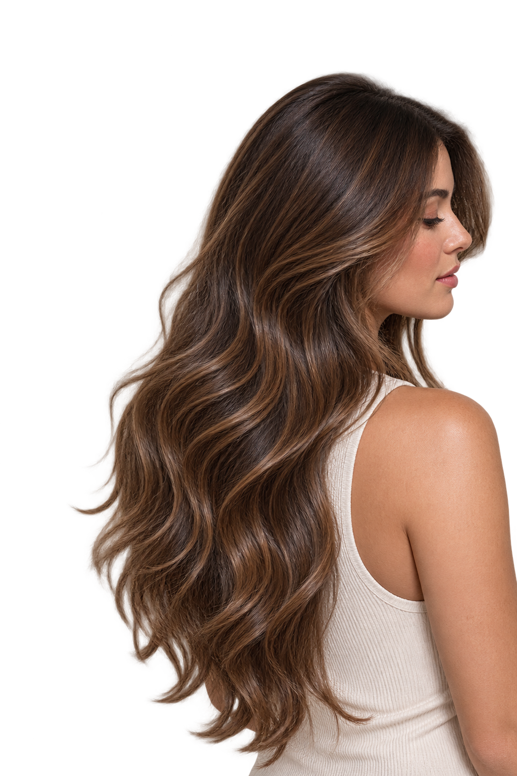 Mujer de cabello castaño largo y ondulado, resultado de la Mascarilla con color NaturVital ColourSafe para cabellos castaños 300 ml