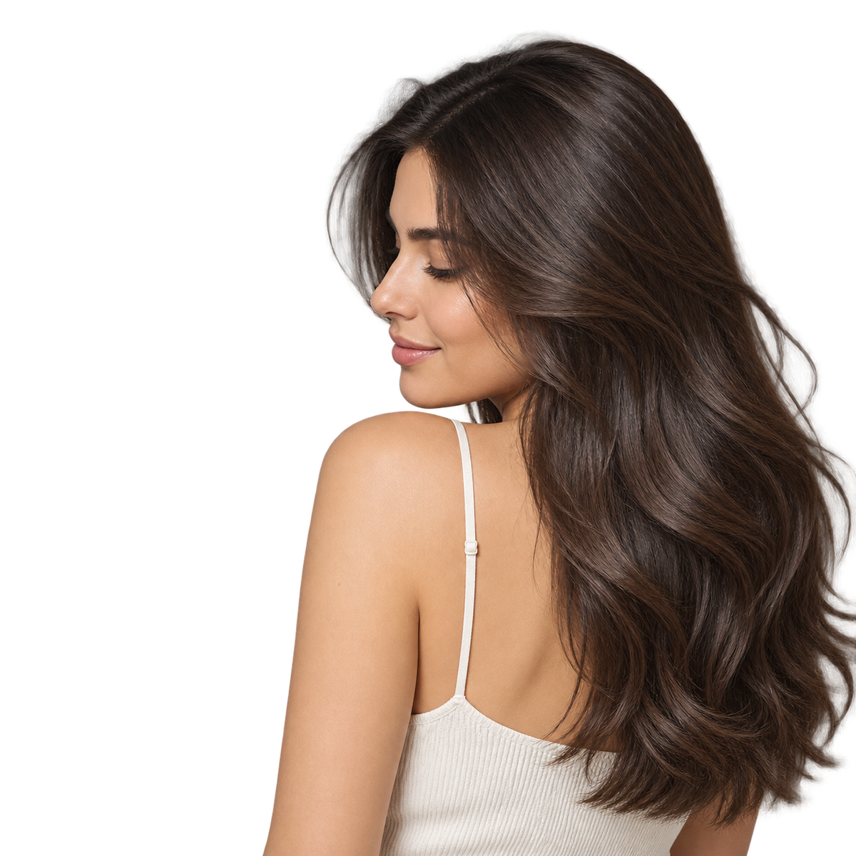 Mujer de cabello castaño largo y pulido, resultado del Tratamiento capilar Luxeny Hidratox anti frizz con protección térmica 120 ml
