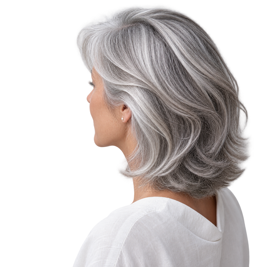 Mujer de cabello canoso plateado y luminoso, resultado del Shampoo matizante NaturVital Silver para canas 300 ml