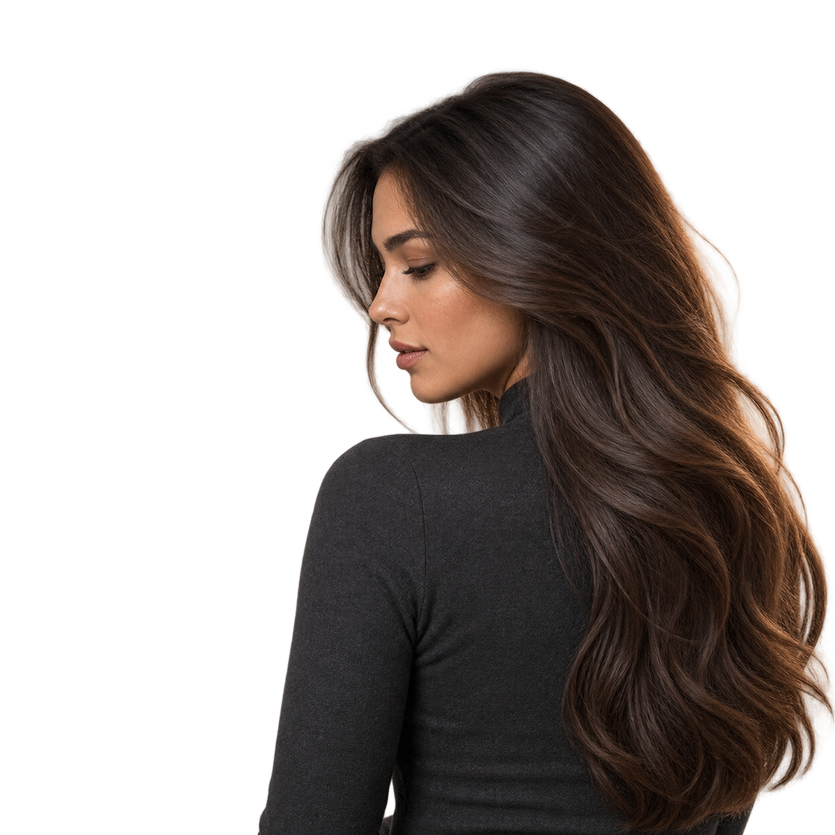 Mujer de cabello castaño largo y ondulado, resultado de la Esencia capilar Elizavecca CER-100 Protein Ion Injection 50 ml