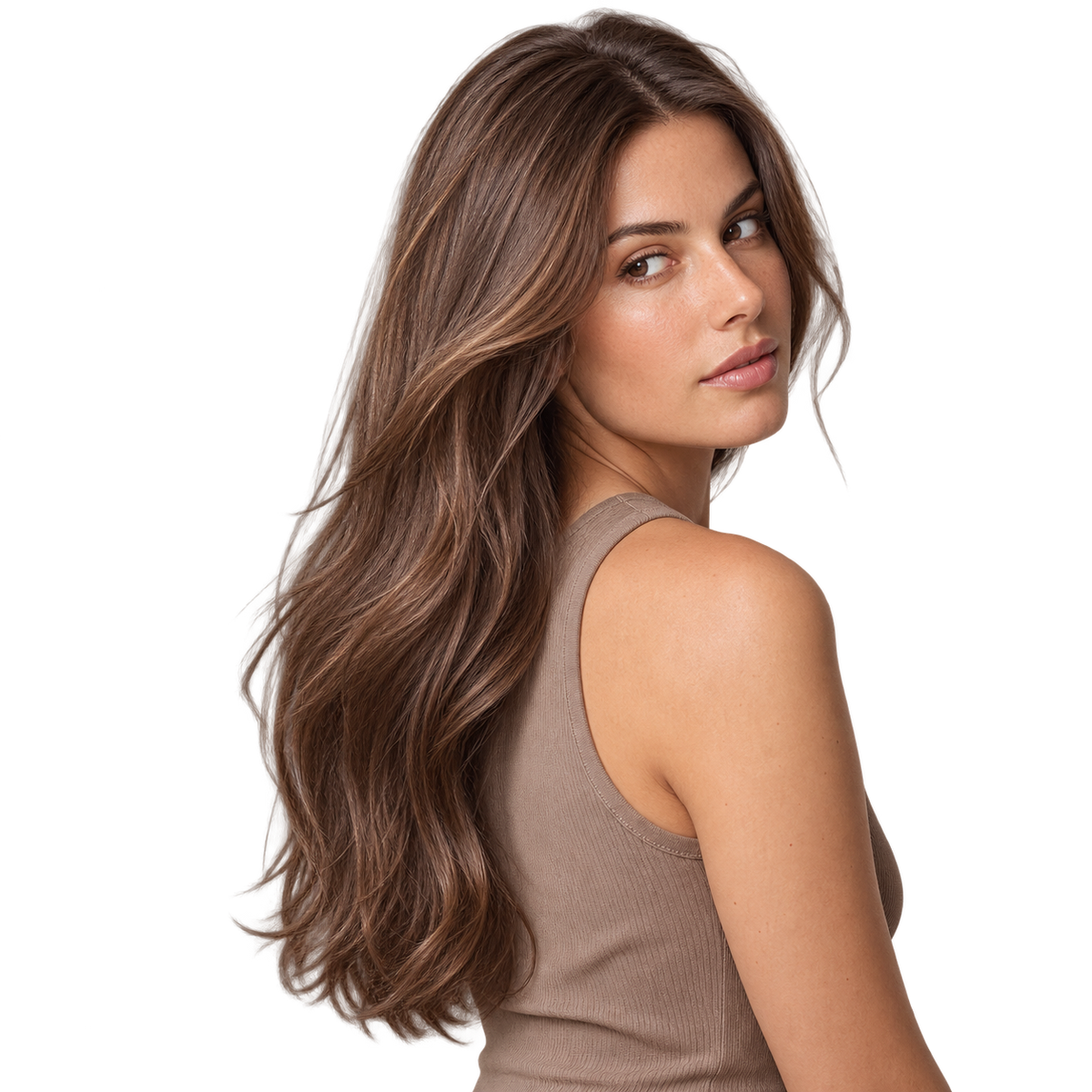 Mujer de cabello castaño largo y brillante, resultado del Sérum capilar Kundal Macadamia Ultra Cherry Blossom 100 ml