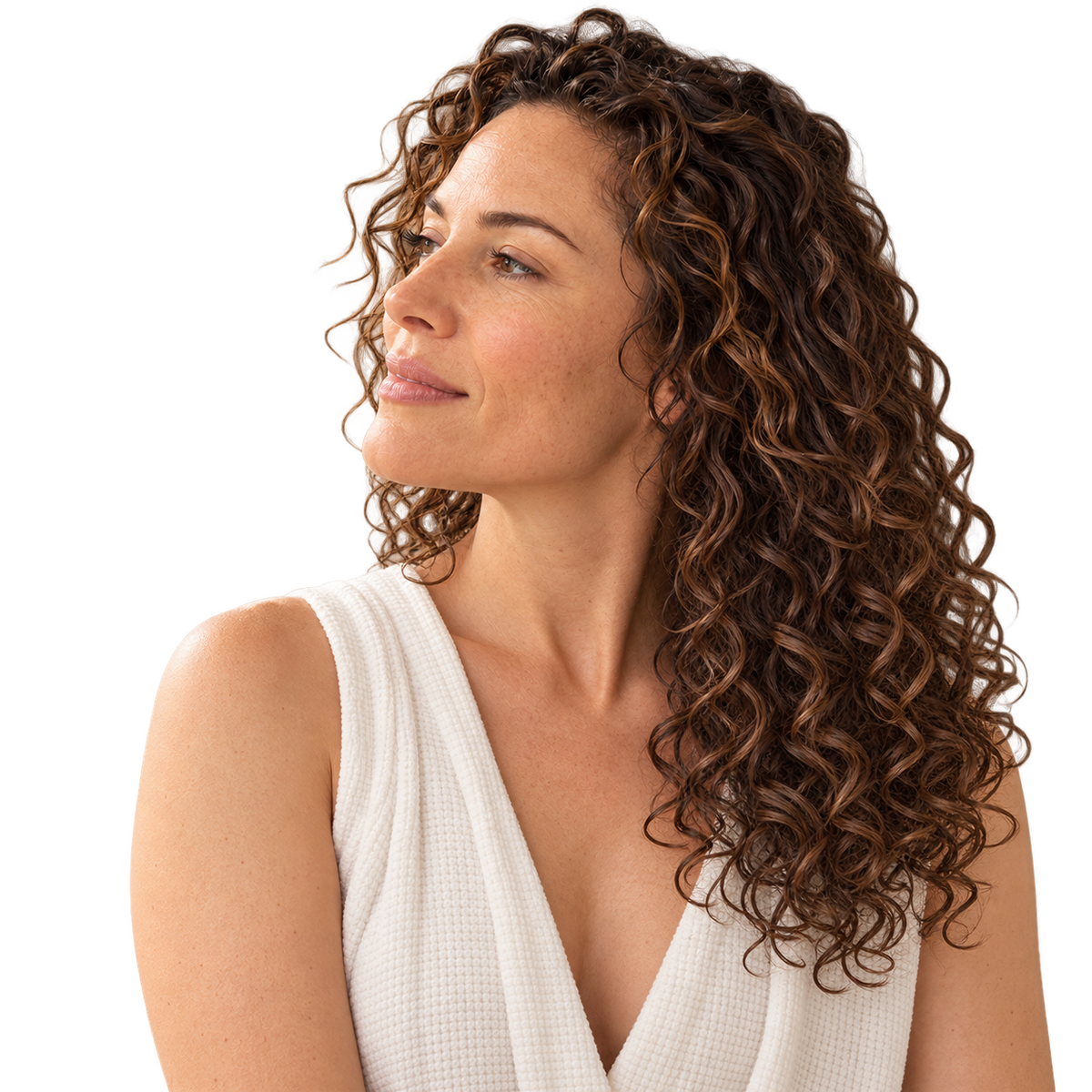 Mujer de cabello rizado castaño, de perfil