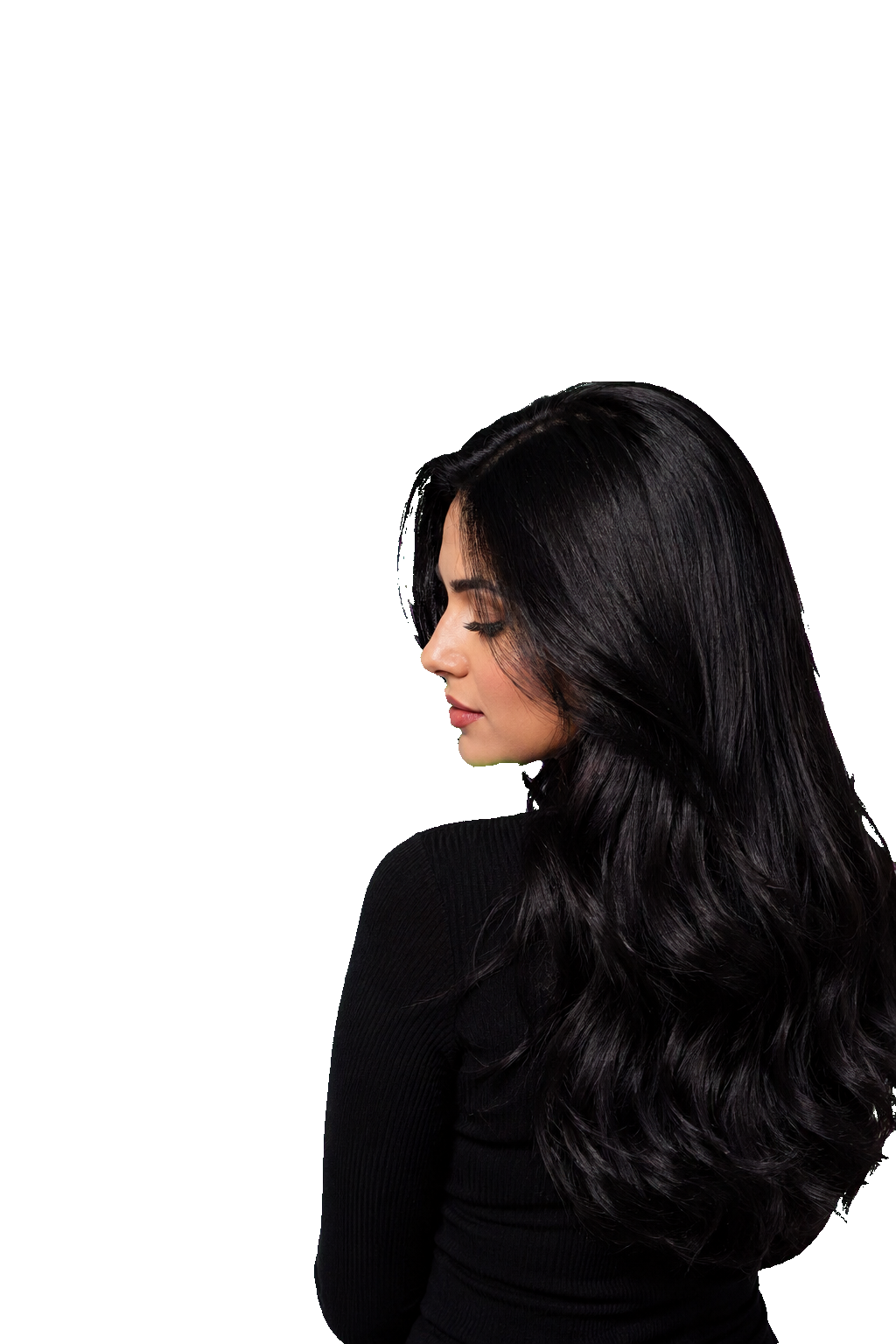 Mujer de cabello negro largo, resultado del Shampoo colorante Dos Lunas Argán negro natural 420 ml