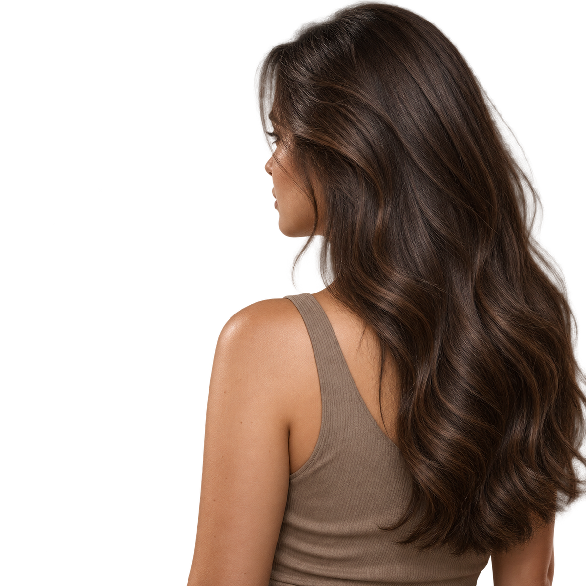 Mujer de cabello castaño largo y brillante, resultado del Aceite capilar Elizavecca CER-100 Hair Muscle Essence Oil 100 ml