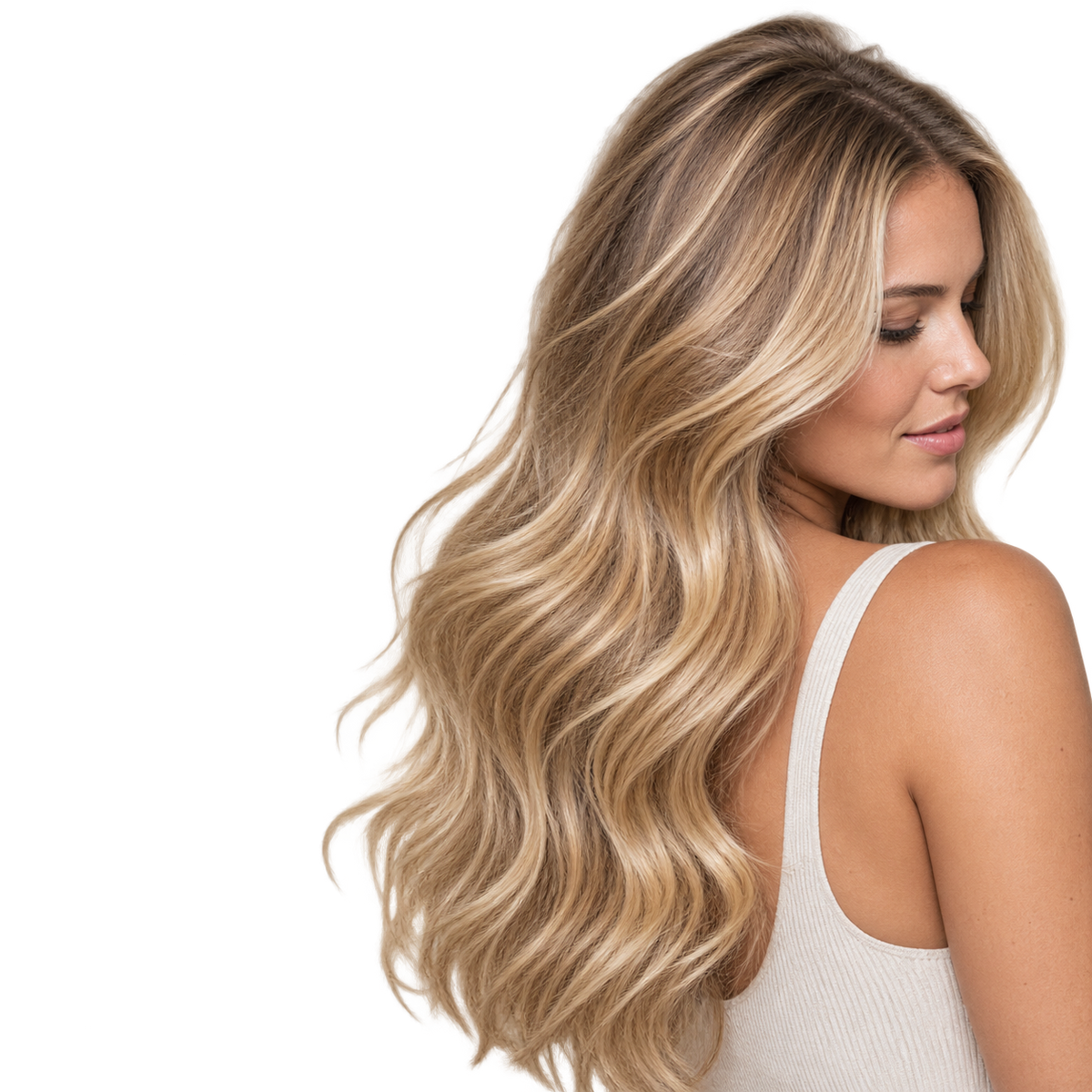 Mujer de cabello rubio largo y luminoso, resultado de la Mascarilla con color NaturVital ColourSafe para cabellos rubios 300 ml