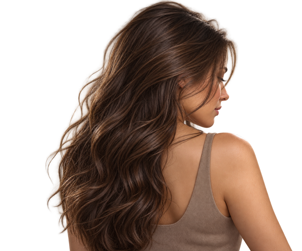 Mujer de espaldas mirando hacia un lado, con cabello largo y castaño