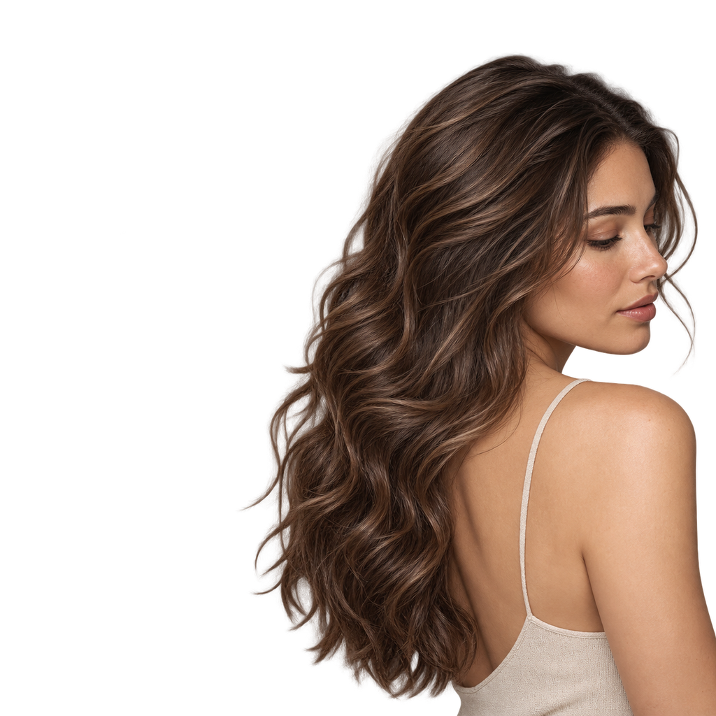 Mujer de cabello castaño largo, ondulado y brillante, resultado de la Rutina Reparación