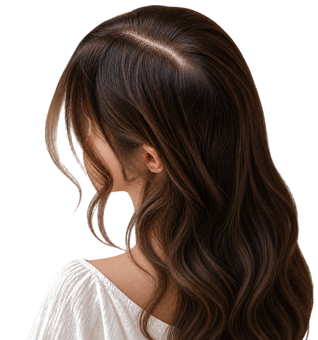 Mujer de cabello castaño suelto, resultado del Shampoo NaturVital Sensitive anticaspa para cuero cabelludo sensible 300 ml