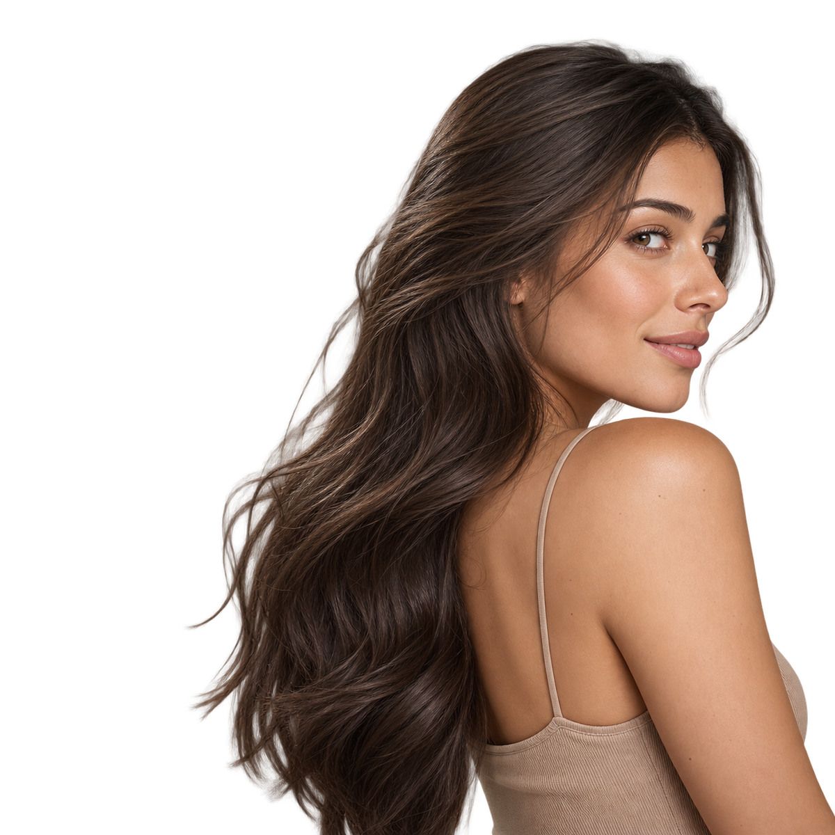 Mujer de cabello castaño largo y brillante, resultado del Shampoo Elizavecca CER-100 con colágeno 500 ml