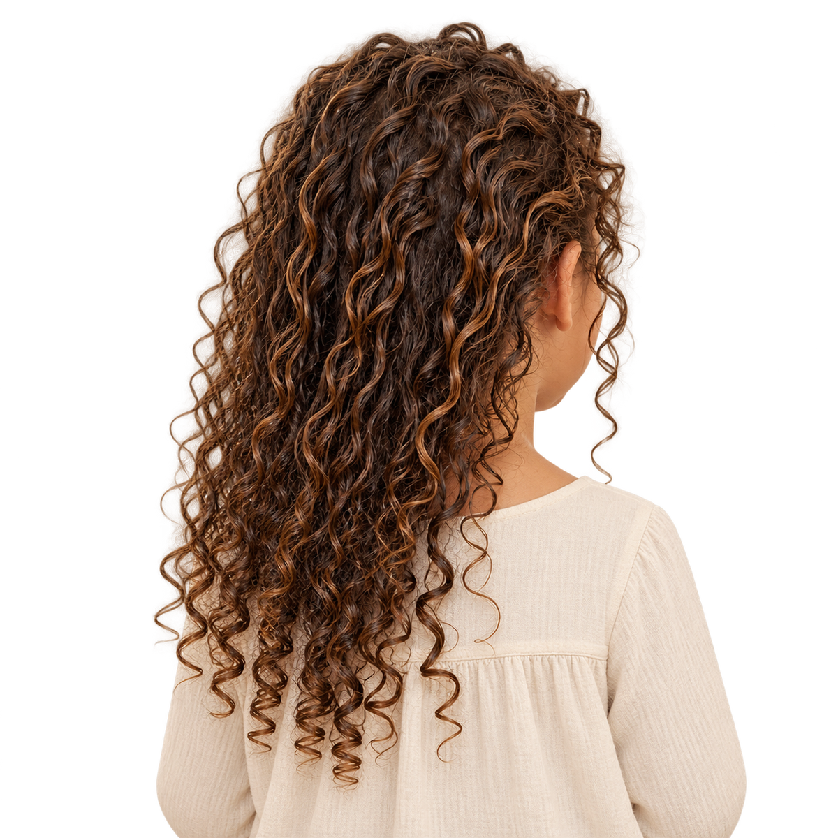 Persona de espaldas con cabello rizado largo y blusa blanca
