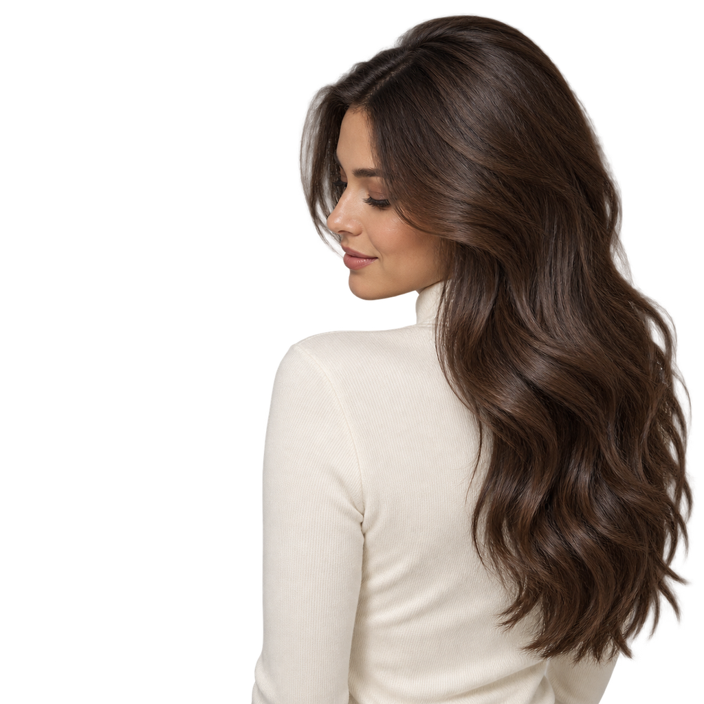 Mujer de cabello castaño largo y brillante, resultado del Acondicionador Elizavecca CER-100 con colágeno y ceramida 500 ml