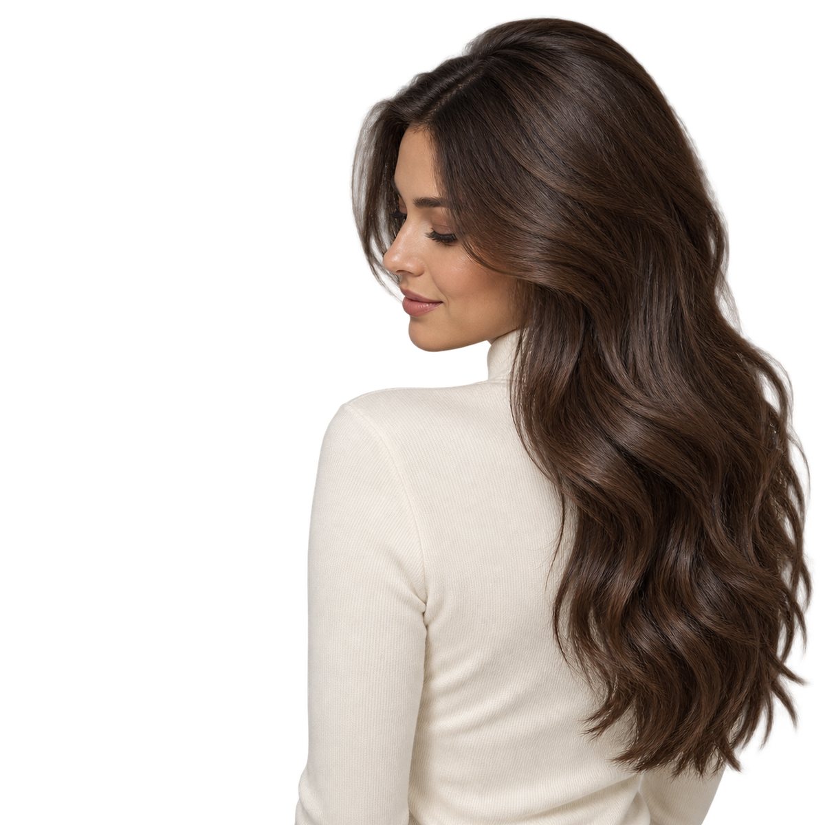 Mujer de cabello castaño largo y brillante, resultado del Acondicionador Elizavecca CER-100 con colágeno y ceramida 500 ml