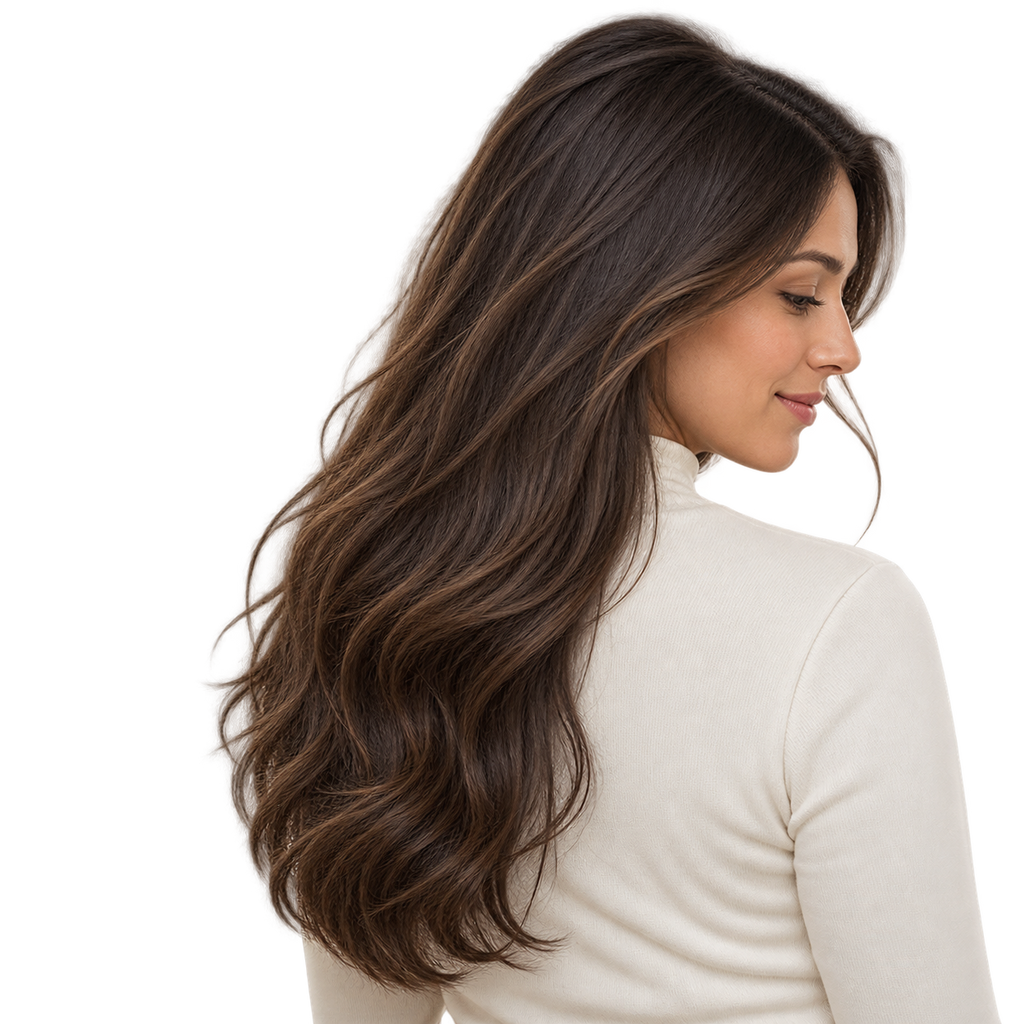 Mujer de cabello castaño largo y suave, resultado del Shampoo Kundal Honey & Macadamia Cherry Blossom 500 ml