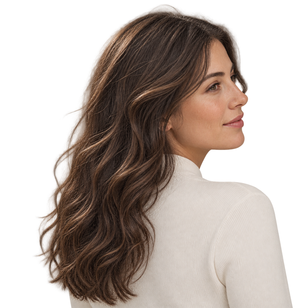 Mujer de cabello castaño largo y suave, resultado del Shampoo Kundal Honey & Macadamia Amber Vanilla 500 ml