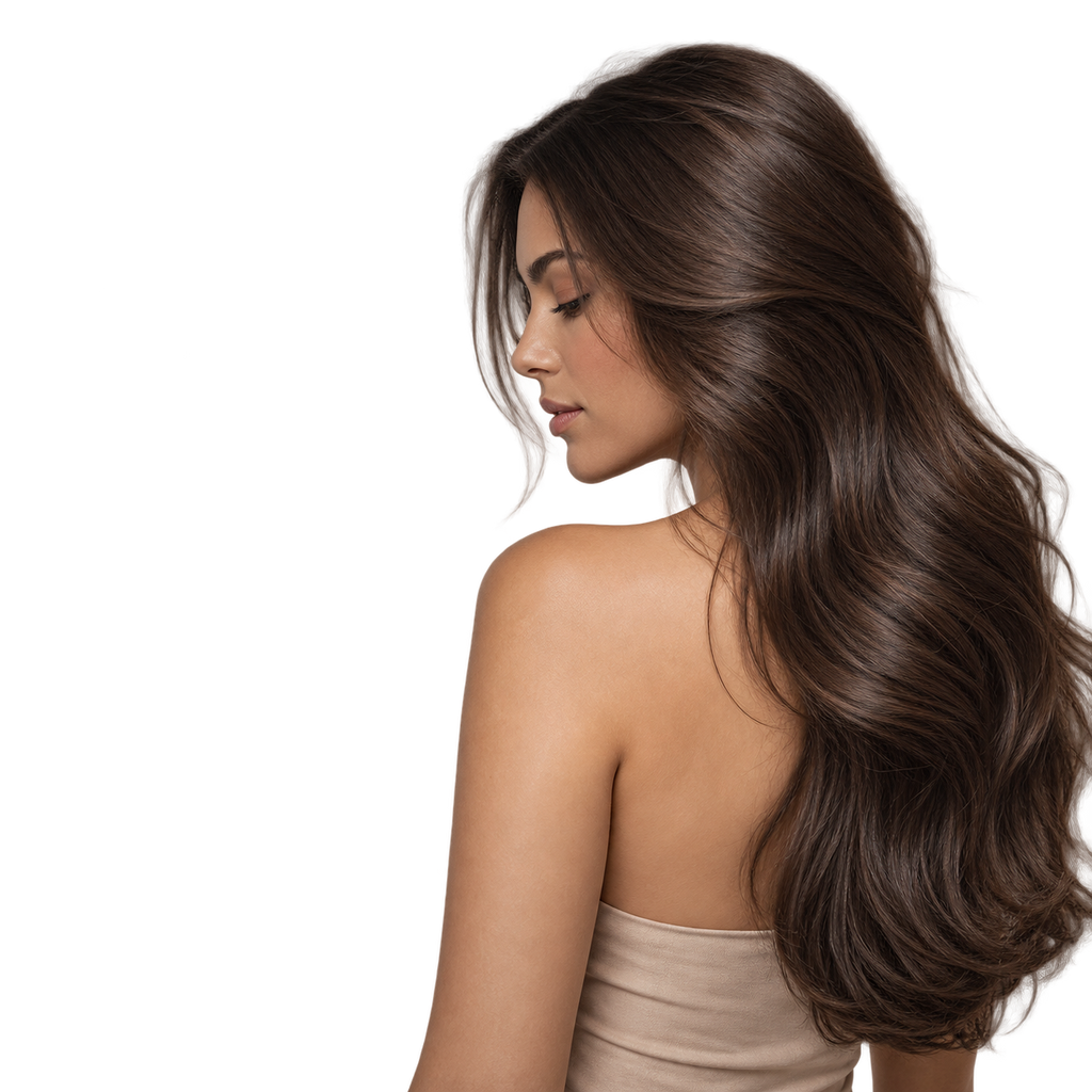 Mujer de cabello castaño largo y suave, resultado de la Rutina Fortalecimiento