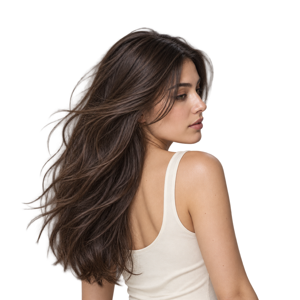 Mujer de cabello castaño largo y limpio, resultado del Shampoo Elizavecca CER-100 Hell-Tornado refrescante 500 ml