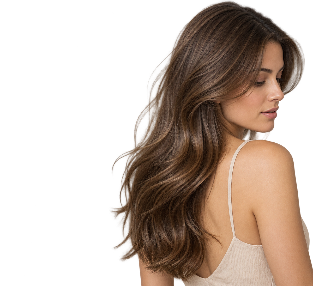 Mujer de cabello castaño largo y manejable, resultado del Spray bifásico Luxeny 10 en 1 antifrizz y protector térmico 230 ml