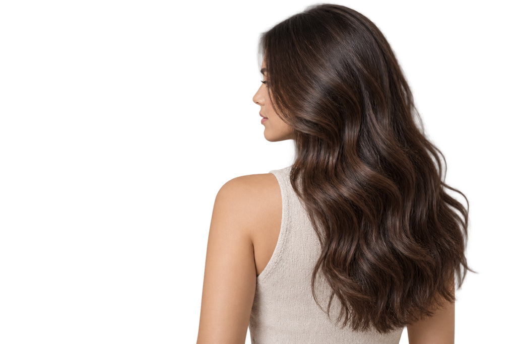 Mujer de cabello castaño oscuro largo, resultado del Shampoo colorante Dos Lunas Argán castaño oscuro 420 ml