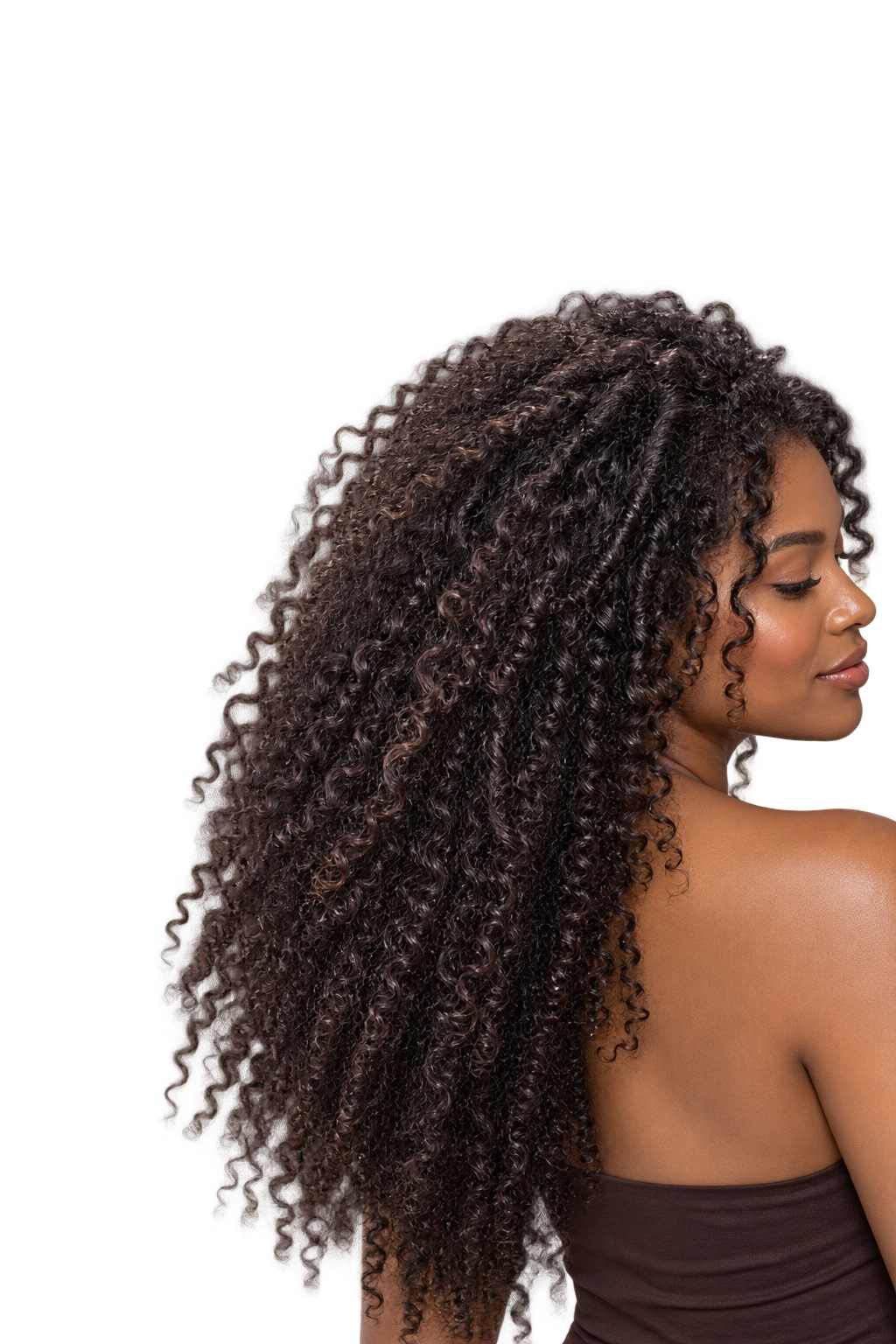 Mujer de cabello rizado largo y definido, resultado del Shampoo NaturVital Curly para cabello rizado y ondulado 280 ml