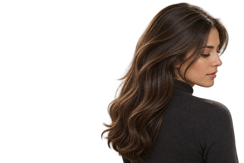 Mujer de cabello castaño largo, resultado del Shampoo anticaída Luxeny Jaborandi para cabello débil 300 ml