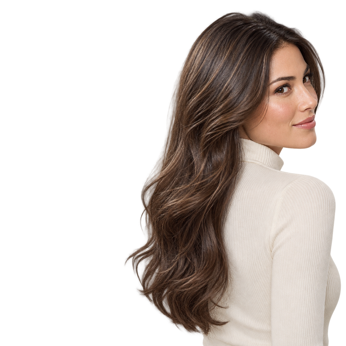 Mujer de cabello castaño largo y luminoso, resultado de la Bruma capilar Elizavecca CER-100 con colágeno 250 ml