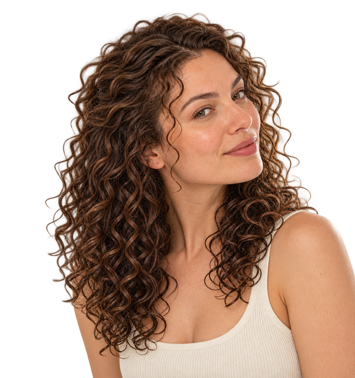 Mujer de cabello rizado castaño con una leve sonrisa