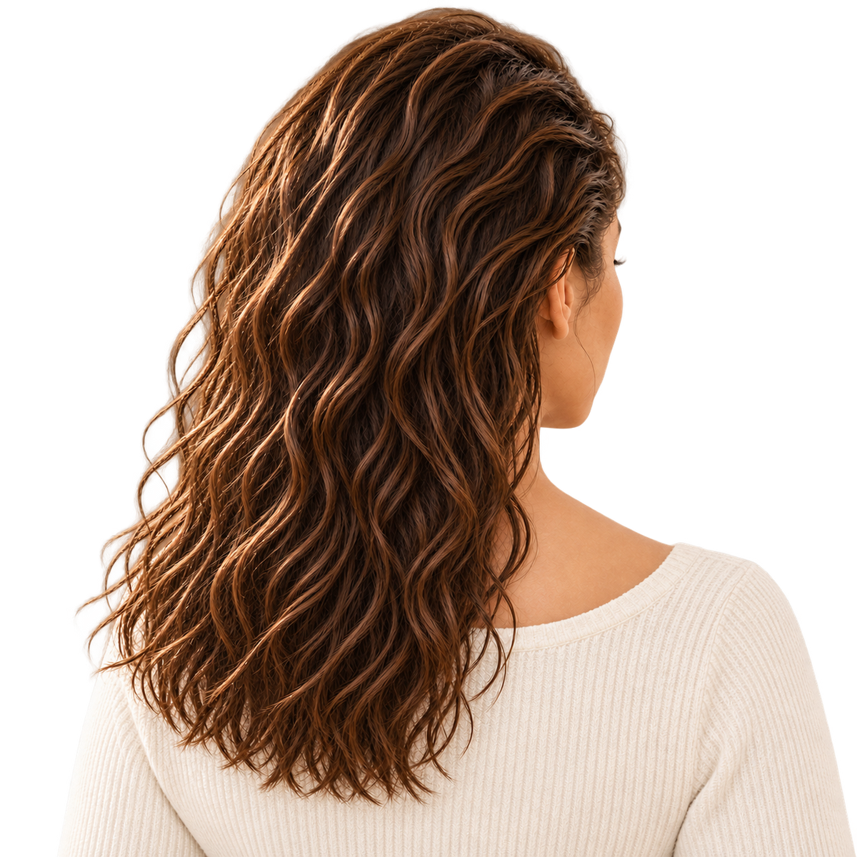 Mujer de espaldas con cabello largo, ondulado y castaño