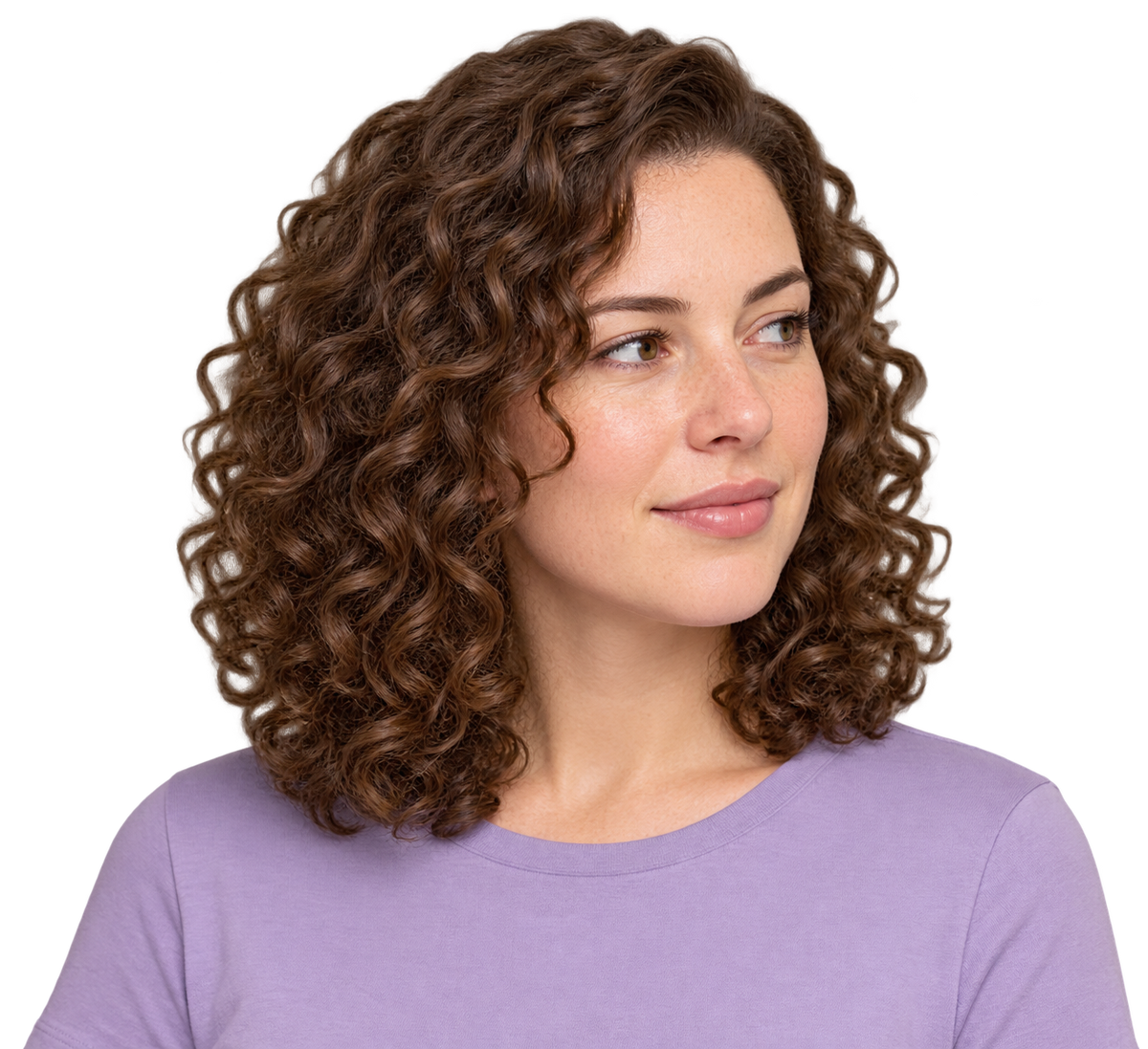 Mujer de cabello rizado a la altura de los hombros con polera lila