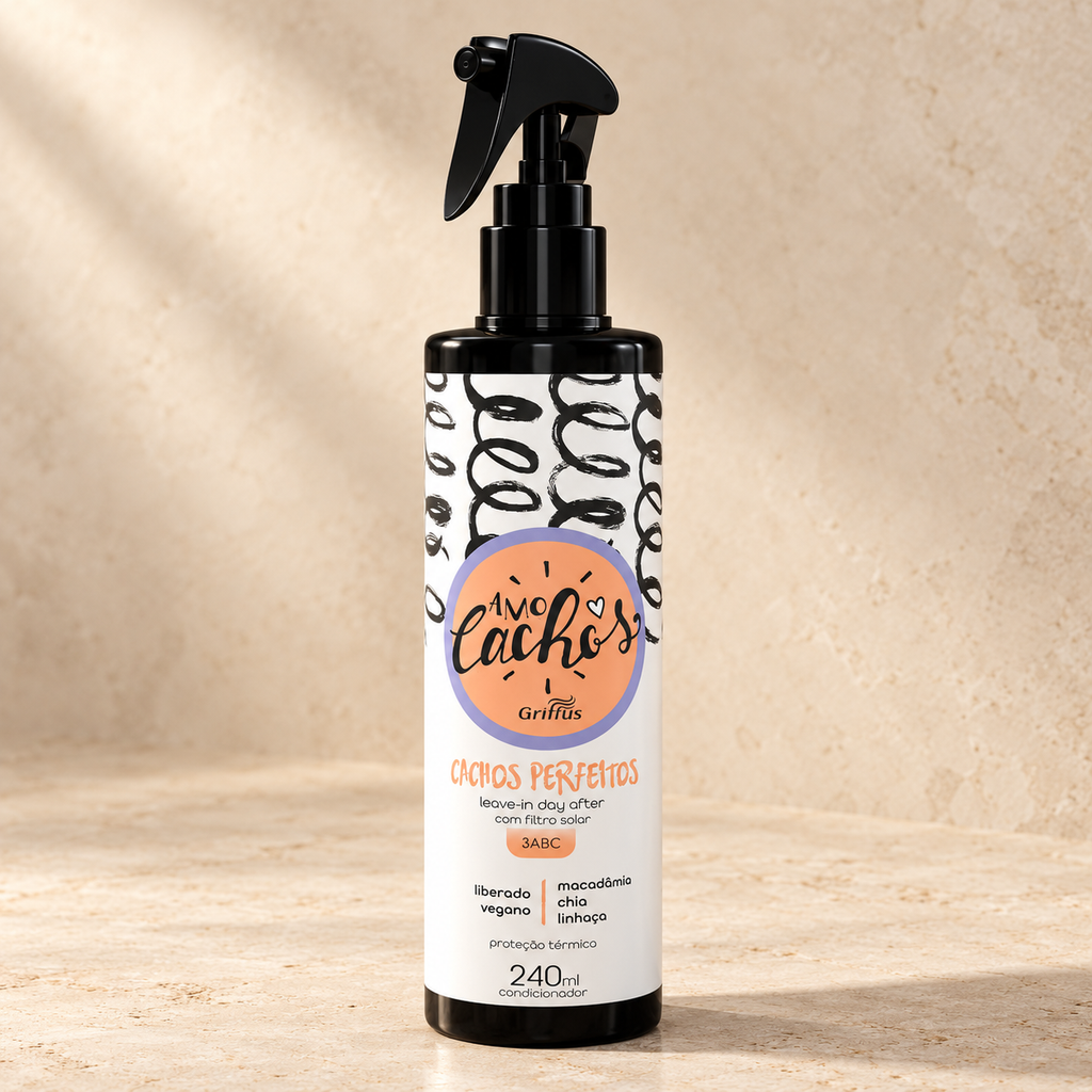Leave-in Griffus Amo Cachos Cachos Perfectos Day After de 240 ml, envase negro con gatillo y etiqueta naranja