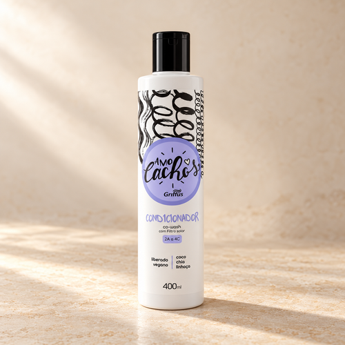 Acondicionador Griffus Amo Cachos Co-Wash 400 ml, envase blanco con tapa negra y etiqueta lila