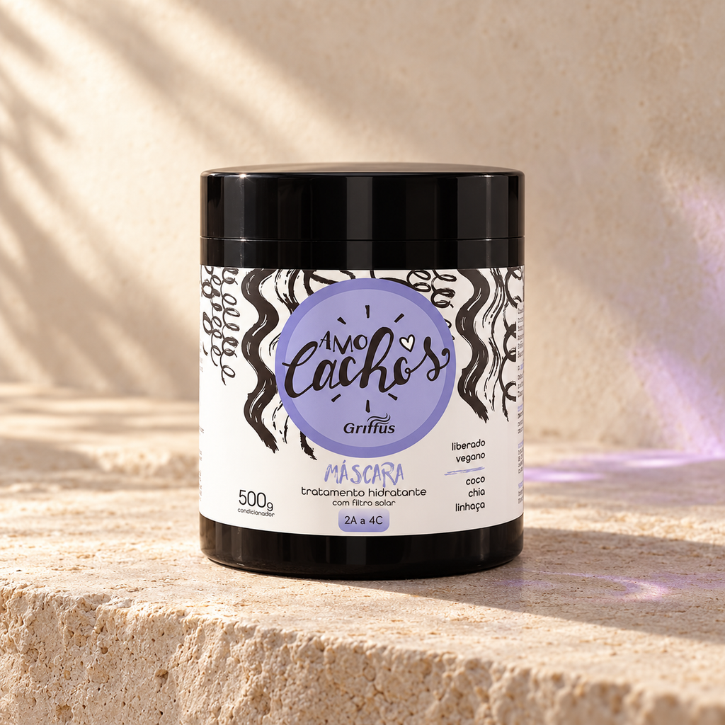 Pote negro de Mascarilla Capilar Griffus Amo Cachos 500 g, tratamiento hidratante con filtro solar, 2A a 4C