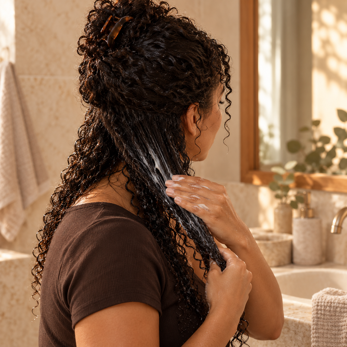 Mujer de cabello rizado aplicando la mascarilla en los largos, de espaldas