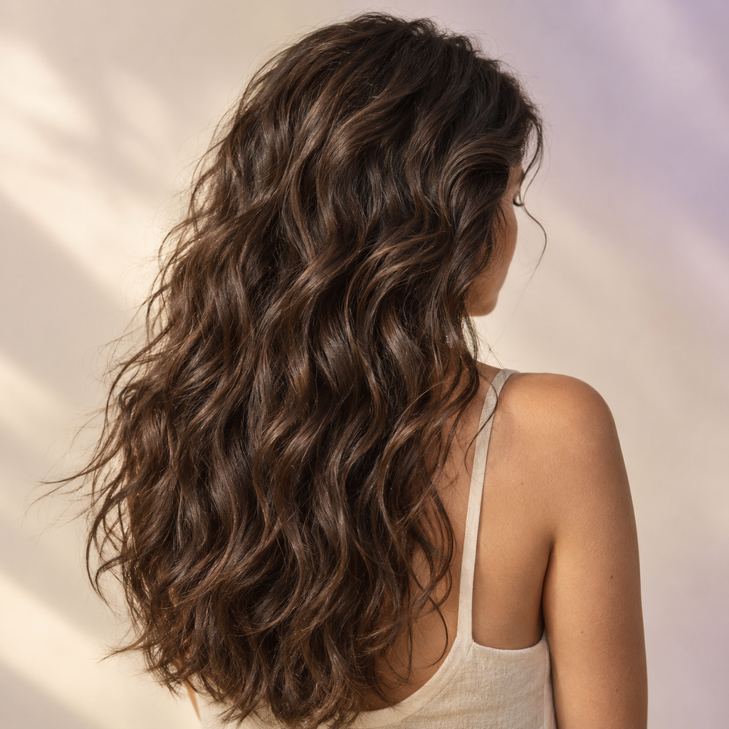 Mujer de espaldas con cabello largo, ondulado y castaño