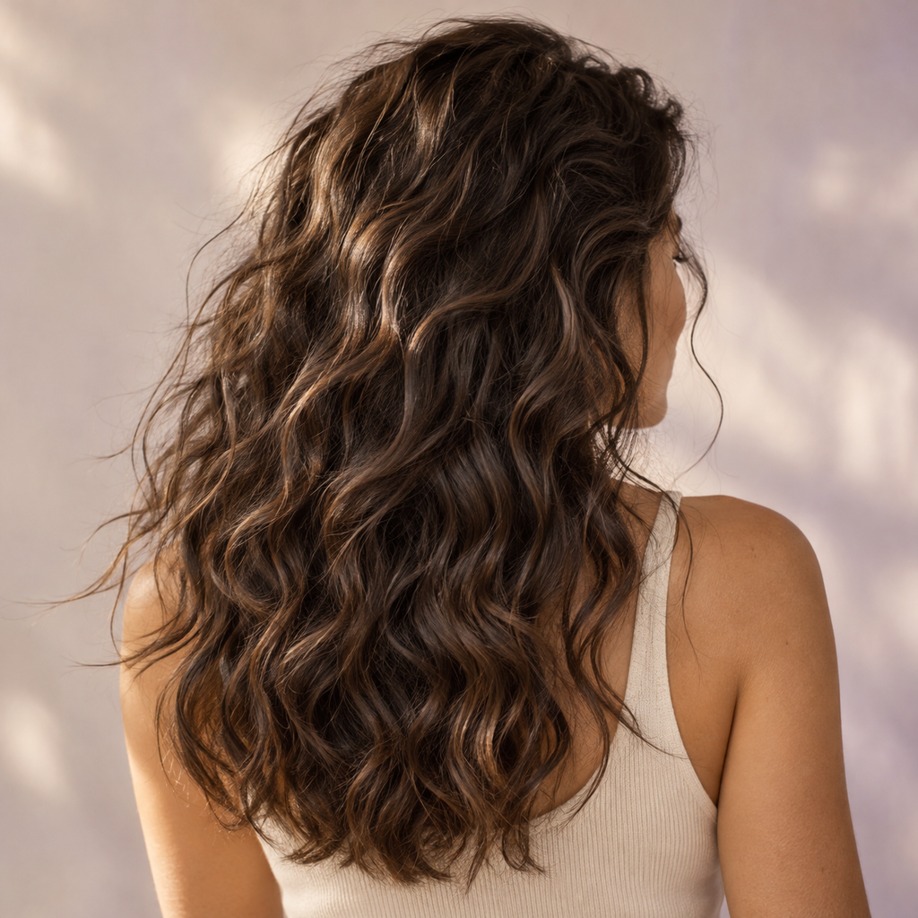 Mujer de espaldas con cabello ondulado castaño
