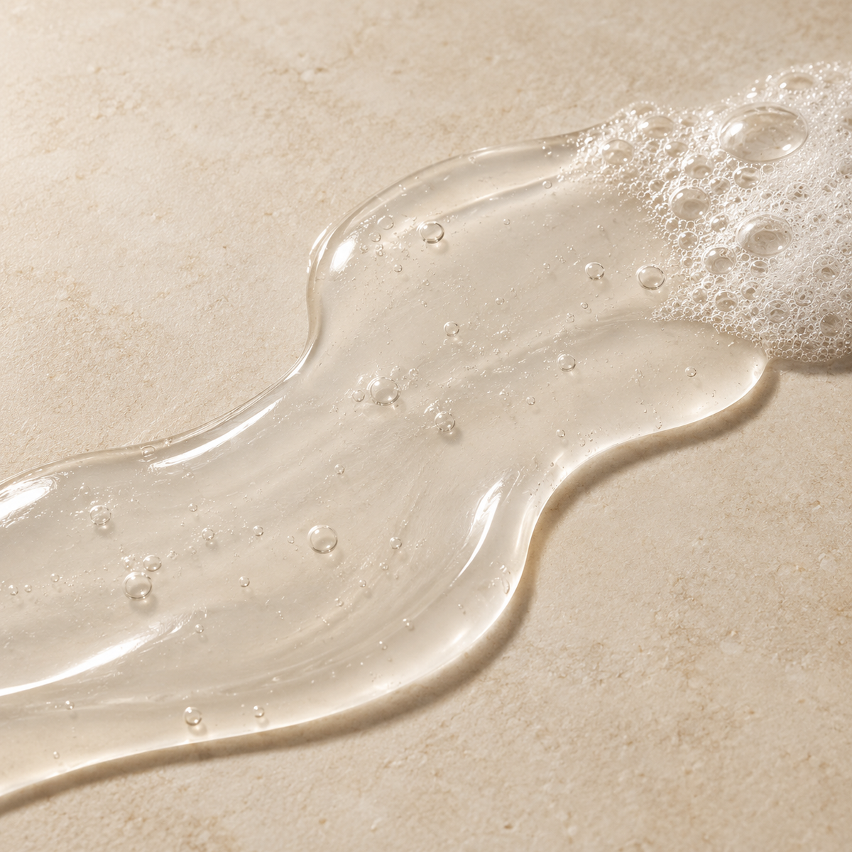 Textura transparente del shampoo con burbujas de espuma sobre una superficie de piedra clara