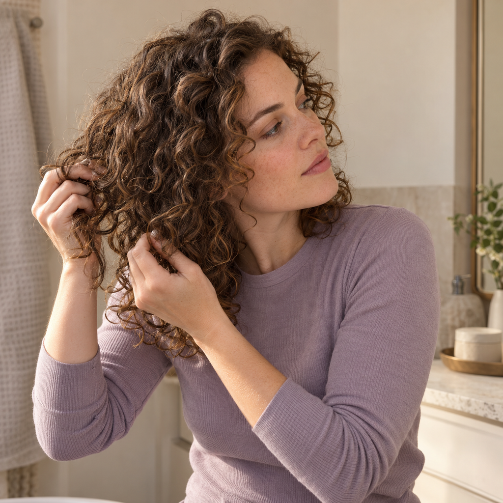 Mujer de cabello rizado refrescando sus rizos con las manos