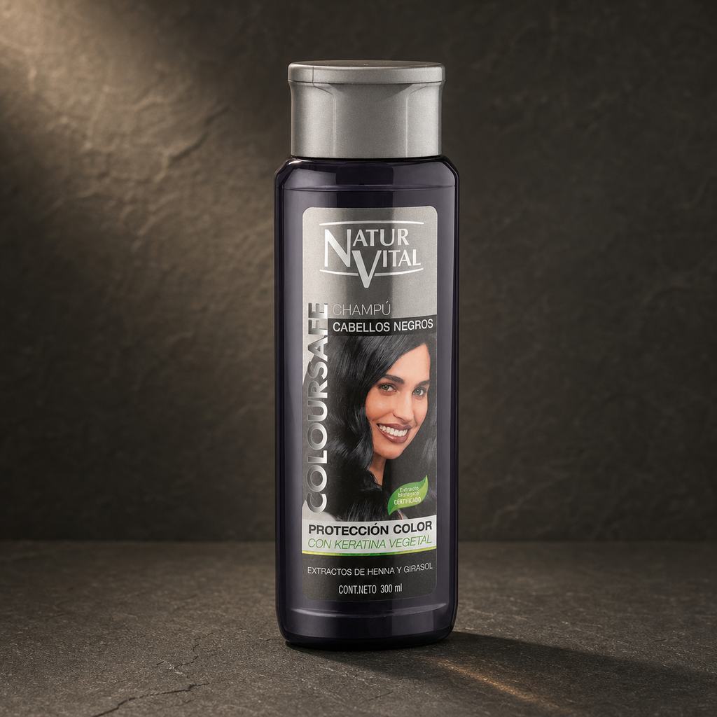 Shampoo NaturVital ColourSafe para cabellos negros 300 ml, envase frontal