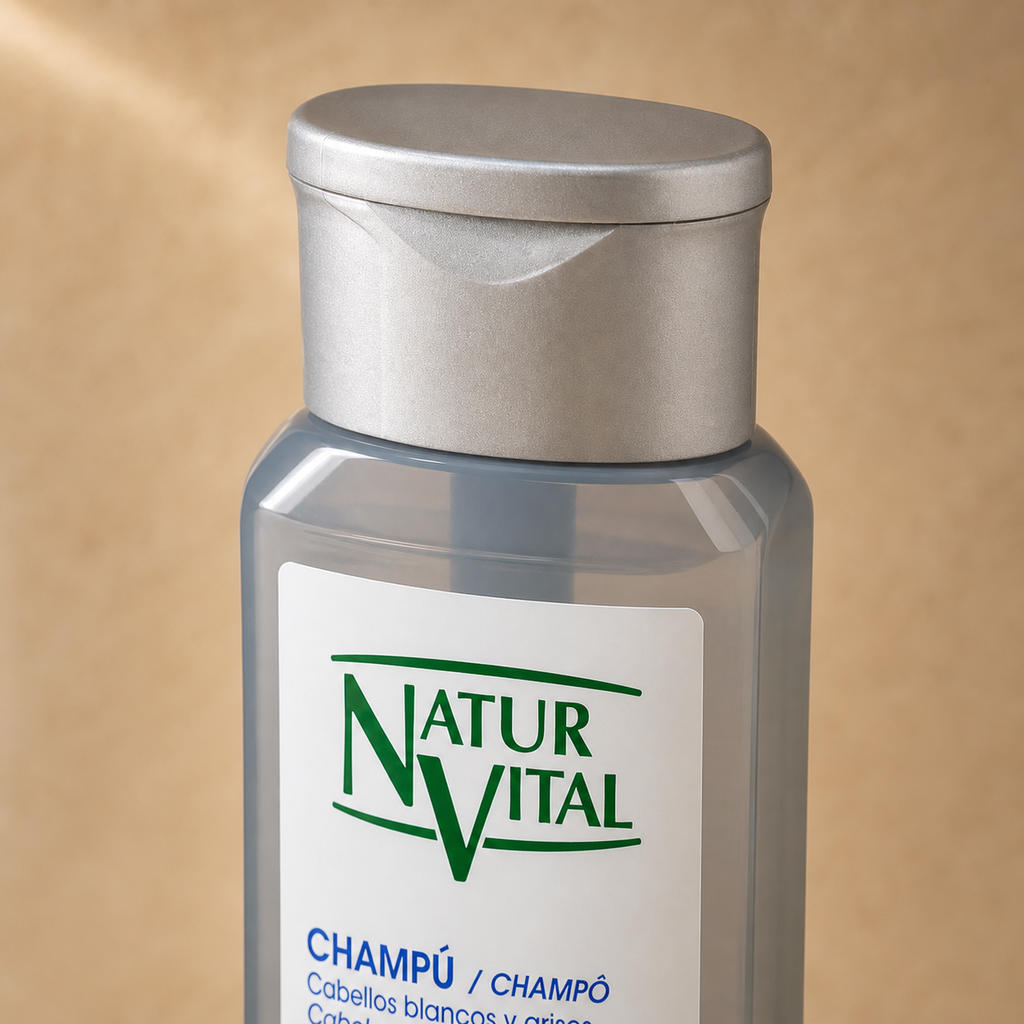 Detalle de la etiqueta del Shampoo matizante NaturVital Silver para canas 300 ml