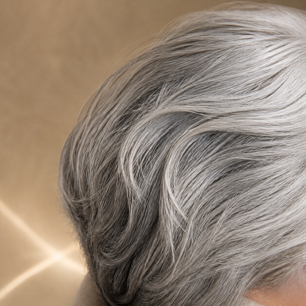 Cabello canoso plateado en primer plano, uso del Shampoo matizante NaturVital Silver para canas 300 ml